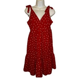 Boutique ✨ red flowy dress with white hearts tie up bow straps size M